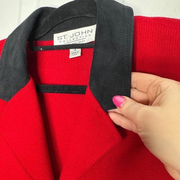 ST. JOHN collection vintage red santana knit blazer leather accents size 2 - Picture 5 of 9